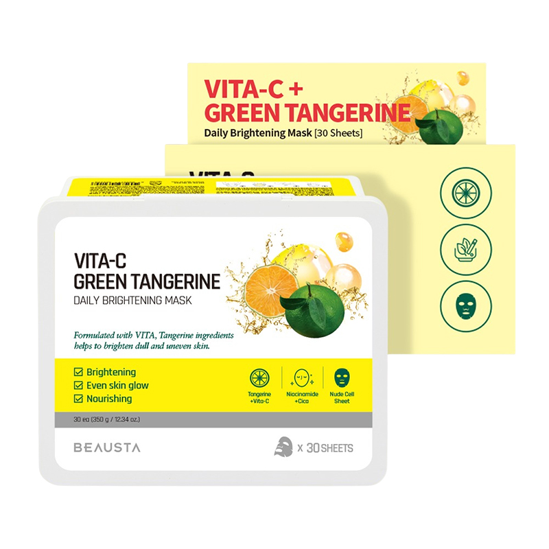 BEAUSTA Cicarecipe Green Tangerine Daily Vita Mask - lakštinės kaukės su žaliųjų mandarinų ekstraktu, (30 vnt.)