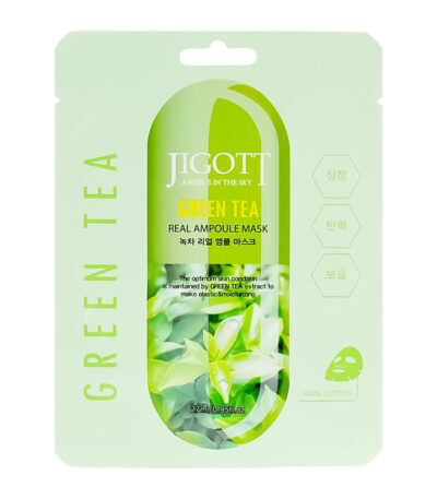 Jigott Green Tea Real Ampoule Mask - lakštinė veido kaukė su žaliosios arbatos ekstraktu, 27 ml