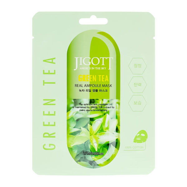 Jigott Green Tea Real Ampoule Mask - lakštinė veido kaukė su žaliosios arbatos ekstraktu, 27 ml