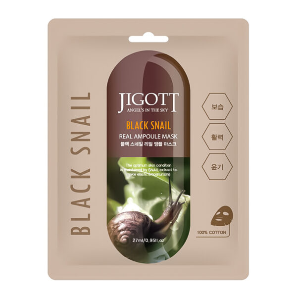 Jigott Black Snail Real Ampoule Mask - lakštinė veido kaukė su sraigių mucinu, 27 ml