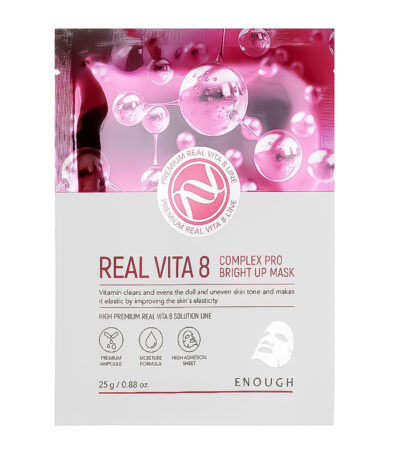 ENOUGH Real Vita 8 Complex Pro Bright Up Mask – skaistinanti ir drėkinanti lakštinė veido kaukė su vitaminų kompleksu 1vnt.