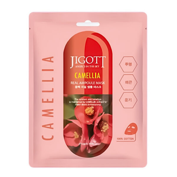 Jigott Camellia Real Ampoule Mask - lakštinė veido kaukė su kamelijos ekstraktu, 27 ml
