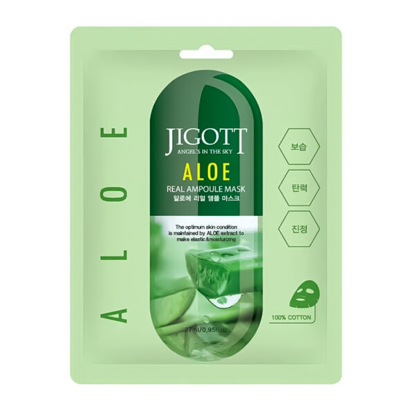 Jigott Aloe Real Ampoule Mask - lakštinė veido kaukė su alavijo ekstraktu, 27 ml